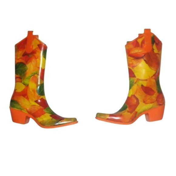 Cowboy Rain Boots Fall Leaves on an orange heel Cowboy Boots Rubber Rain Boots 6 - Picture 6 of 7